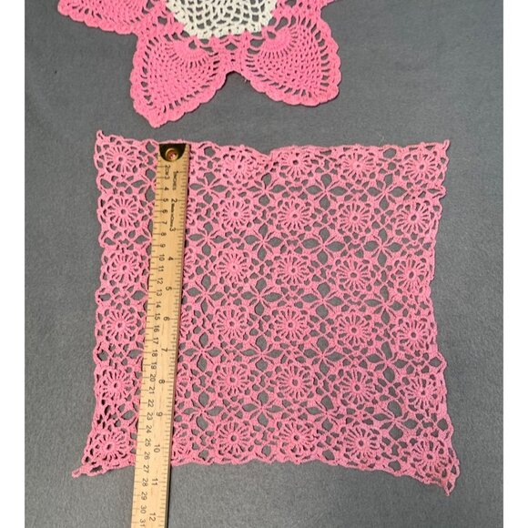 Handmade Pink Crocheted Doilies 8" Square & 10" Flower Design Home Decor & Table - Picture 5 of 8